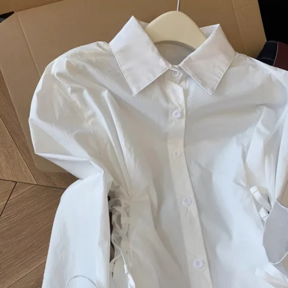 White Side Lace Up Cinched Waist Shirt - Picture 2 of 5